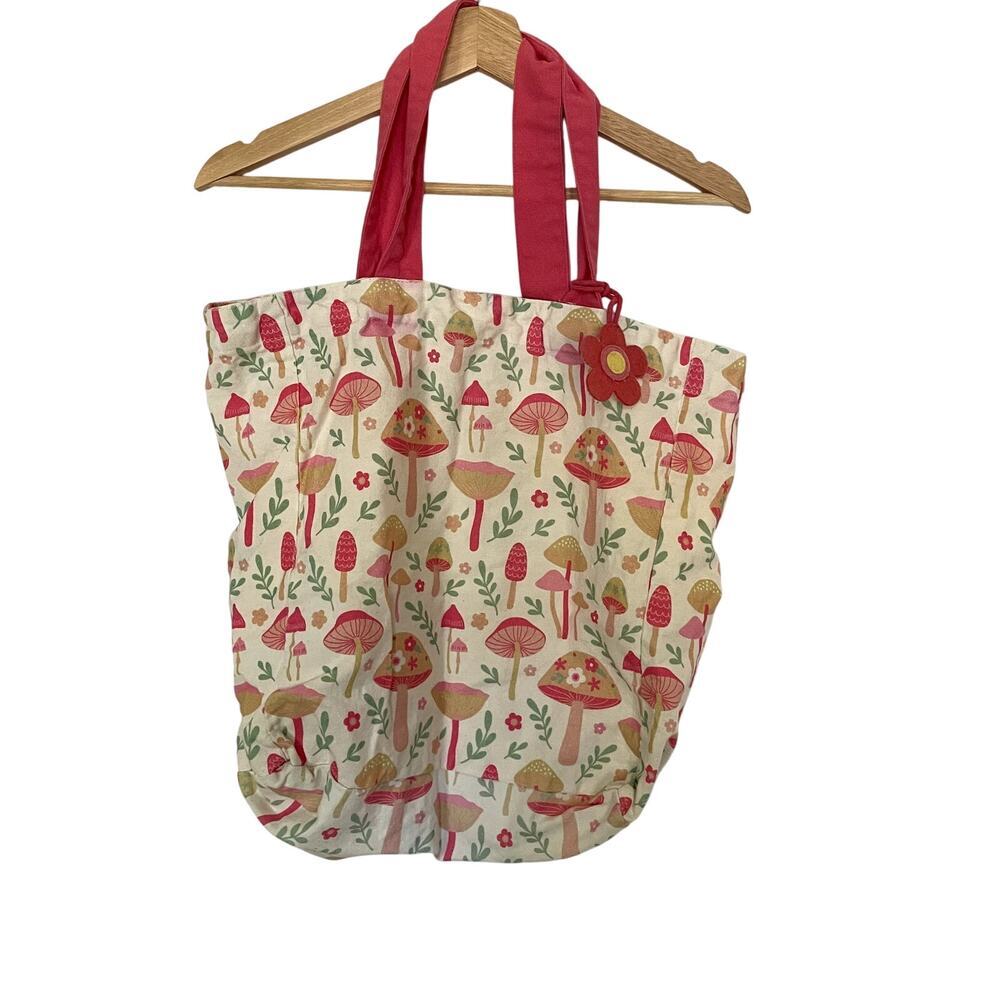 pink mushrooms cargo tote bag pink flower decal leaves summer lightweight